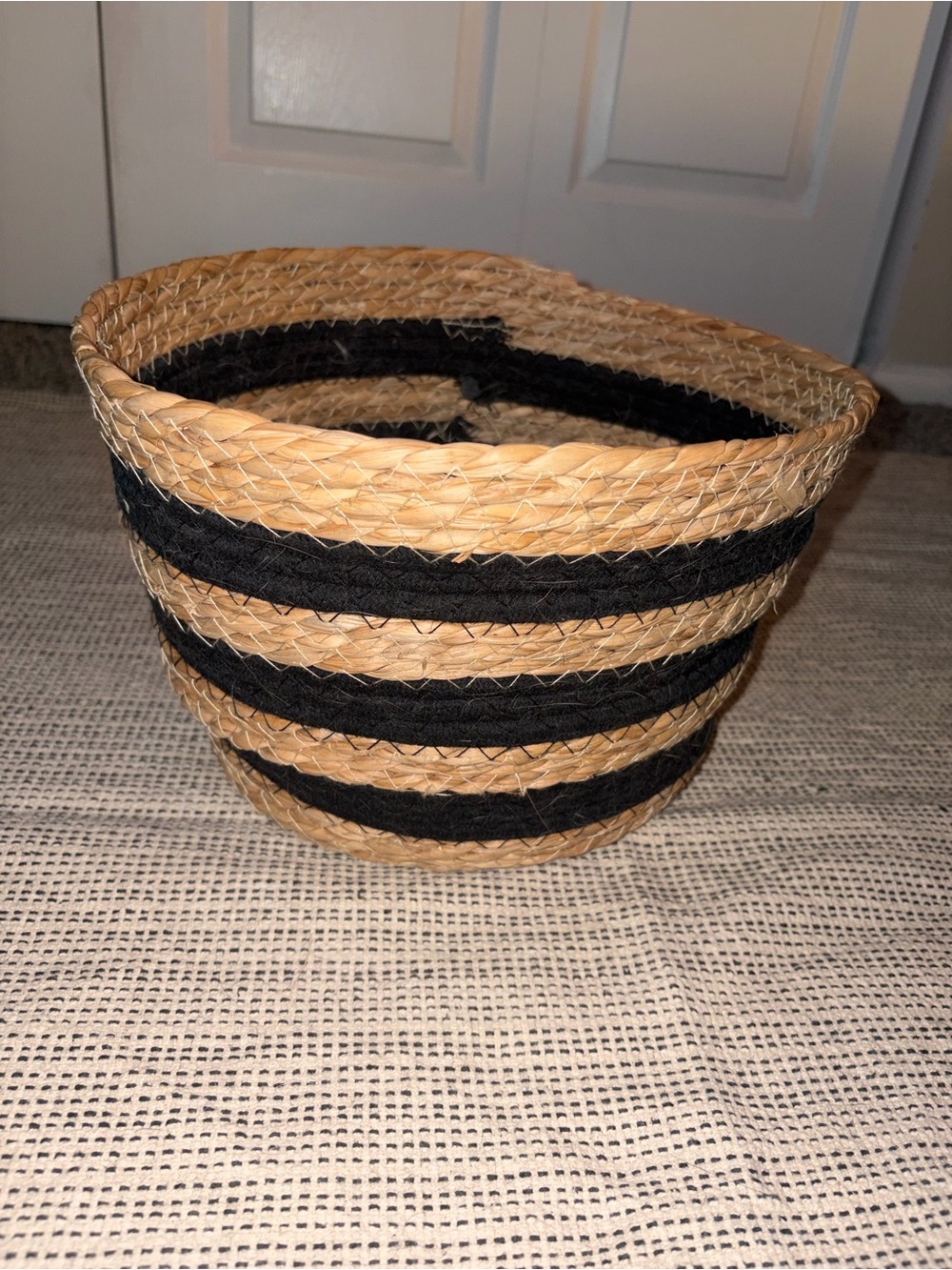 Handwoven Natural and Black Striped Decorative Basket